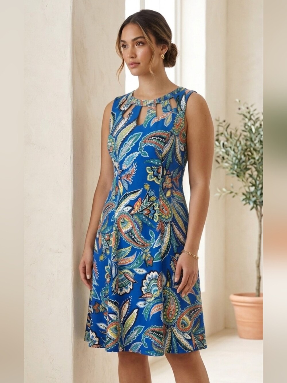 Alyx Blue Multicolor Paisley Cutout Neck Sleeveless Dress